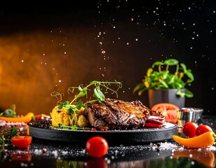 Gourmet grilled beef steak seasoned with sprinkled salt, served with mashed potatoes and fresh vegetables on a dark platter