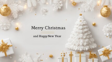 Christmas winter composition in paper cut style, vector illustration, layered paper art, snowflakes, pine trees, reindeer, gift boxes, cozy houses with smoke, decorative ornaments, hand lettering text