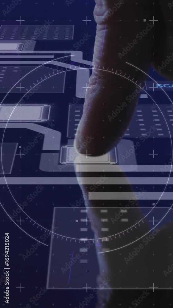 Poster finger interacting with touch screen, processing data animation over digital interface