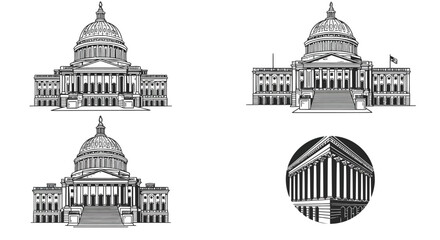 Collection of architectural drawings of capitol buildings isolated on white background, showcasing various perspectives and styles, perfect for architectural enthusiasts