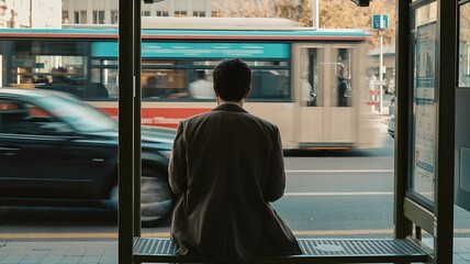 Passenger waiting alone at bus stop with traffic in motion, showing daily urban commute.