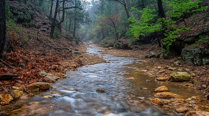 Misty mountain stream flowing through forest ravine
