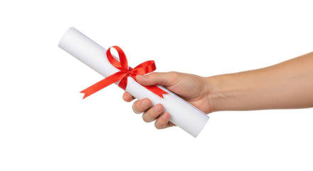 a hand presents a rolled diploma, tied with a red ribbon symbol of achievement and new beginnings, isolated on transparent background