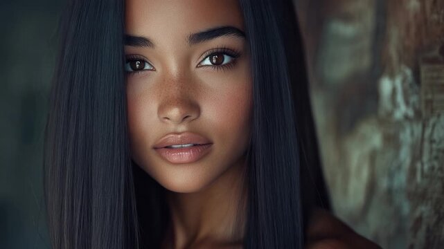 A woman poses for a photo shoot with her long, dark locks perfectly styled