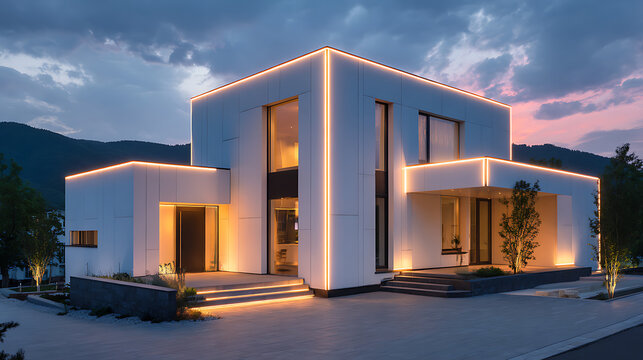 A luxurious and modern minimalist house illuminated by elegant strip lighting at dusk. The contemporary architecture and warm glow create a sophisticated and inviting exterior.
