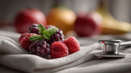 Vibrant Fresh Fruits Arrangement with Stethoscope for Wellness Promotion