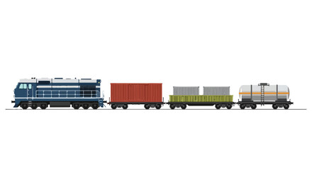 Obraz premium Cargo train with locomotive and diverse freight wagons transporting goods across a railway network for global trade logistics supply chain network
