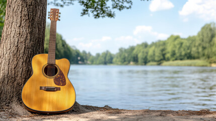 Wooden guitar rests against tree by serene riverside, surrounded by lush greenery