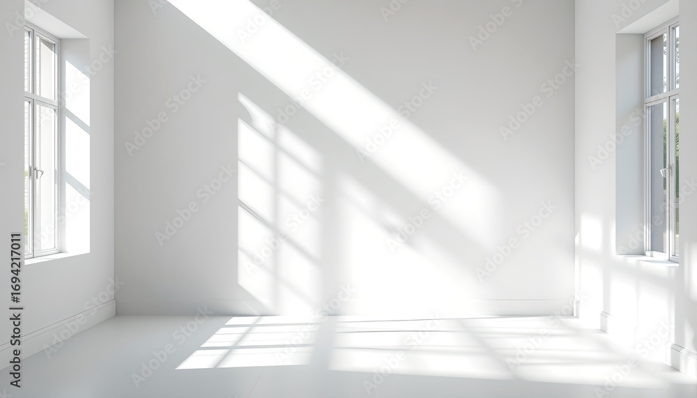 Poster an empty room bathed in natural light from windows, creating a minimalist and bright space. the clea