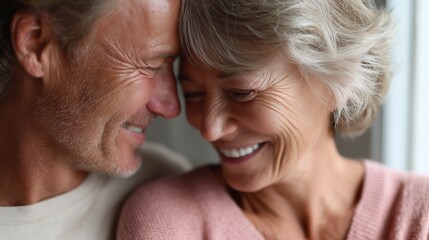 Couple sharing a joyful moment at home while embracing and smiling at each other during a sunny afternoon