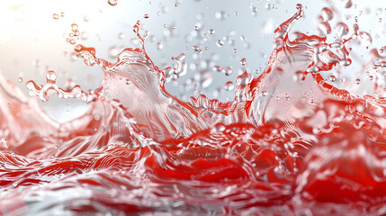 Vivid splash of red liquid colliding with water, creating dramatic waves, droplets, and reflections, symbolizing energy, freshness, creativity, motion, and the captivating elegance of liquid art captu