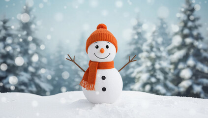 Cute happy snowman holding a fir branch decorated with berries. Christmas panoramic background.