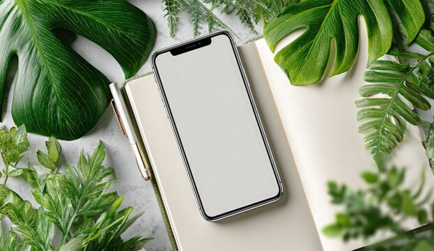 A smartphone rests on an open notebook surrounded by vibrant greenery