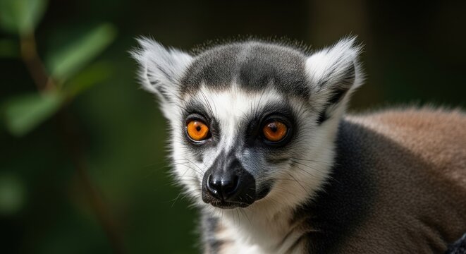 Ring-tailed lemur stares with striking amber eyes, against foliage