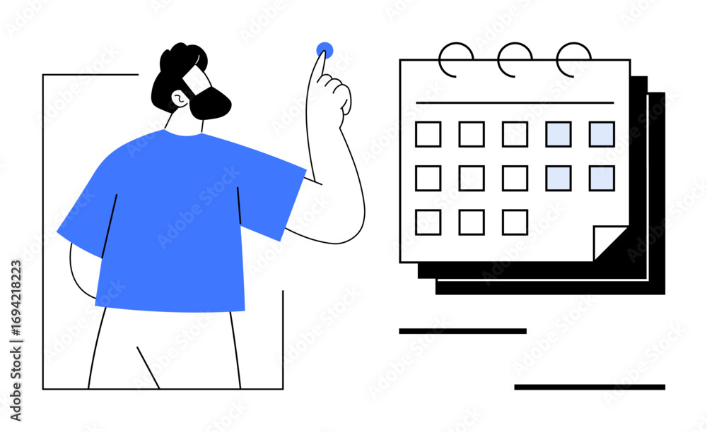 Poster man pointing at a calendar to mark a date with bold, simple lines and blue highlights. ideal for sch