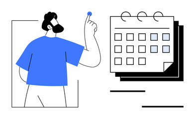Man pointing at a calendar to mark a date with bold, simple lines and blue highlights. Ideal for scheduling, organization, planning, reminders, productivity, time management, simple flat metaphor