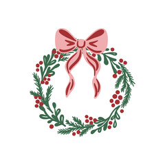 Christmas wreath of green branches with red berries and pink ribbon bow. Hand drawn vector illustration isolated on white background. Winter holiday decoration. Design for greeting card, invitation