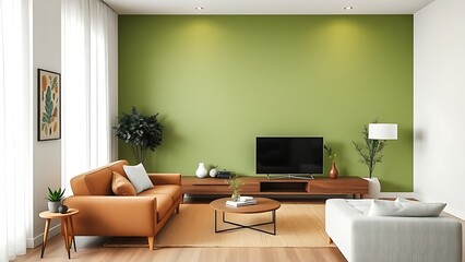 Fototapeta premium Modern living room with a green accent wall and minimalist furniture, creating a serene and stylish space.