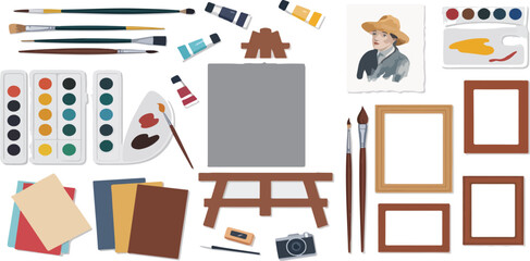 An assortment of painting supplies and art related accessories