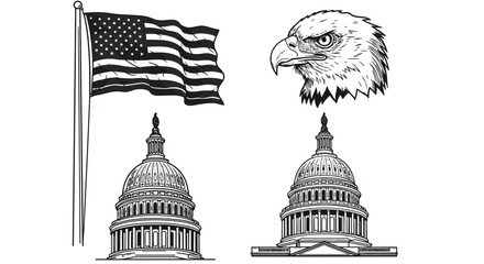 American symbols isolated on white background flag, eagle, and capitol buildings, representing patriotism and national identity in a monochrome illustration
