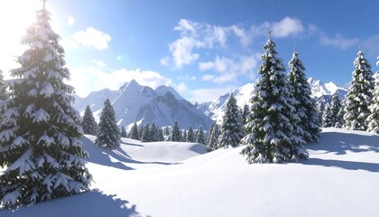 Fototapeta premium A sunny winter scene with snow-covered fir trees in the foreground, leading to a backdrop of snowy mountains under a clear, bright blue sky with fluffy white clouds. The light creates strong shadows