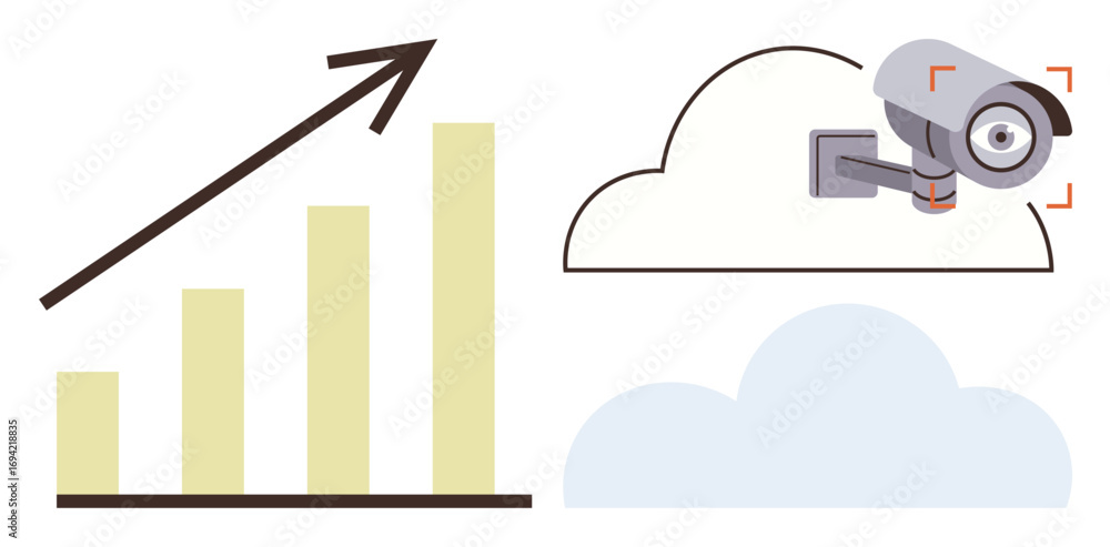 Poster bar graph with upward arrow depicts growth. cloud overlay highlights data storage. camera represents