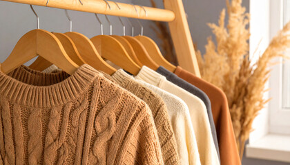 Close up shot of a row of brown sweaters hanging on wooden hangers in a clothing store