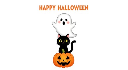Fototapeta premium Cute cartoon ghost and black cat sitting on a carved pumpkin with happy halloween text above, isolated on white background
