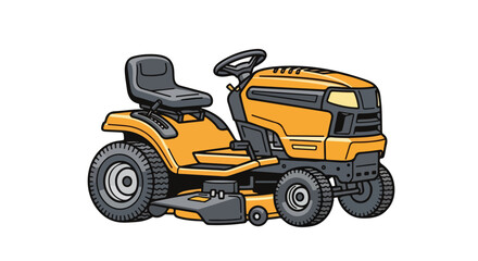 Fototapeta premium Cartoon illustration of an isolated yellow riding lawn mower on a white background representing outdoor maintenance and lawn care activities
