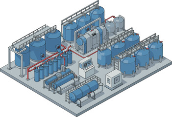Industrial water treatment plant system, filtration tanks, chemical processing, machinery, piping, valves, pumps, modern technology, clean water, wastewater management.