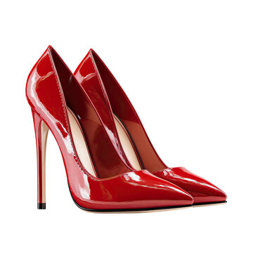 Luxurious red patent leather high heels isolated on a striking black background.