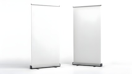 Blank white roll-up banner stand mockups for advertising and promotion. Customizable template for marketing events, isolated on white background for easy design integration
