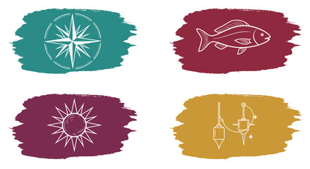 Watercolor icons isolated on white background compass, fish, sun, and lantern, representing navigation, nature, light, and guidance in a colourful design