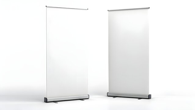 Blank white roll-up banner stand mockups for advertising and promotion. Customizable template for marketing events, isolated on white background for easy design integration