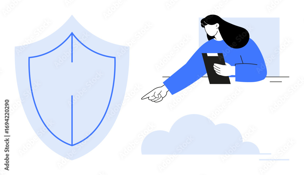 Poster woman pointing while holding a notepad beside a shield and cloud graphics. ideal for security, techn
