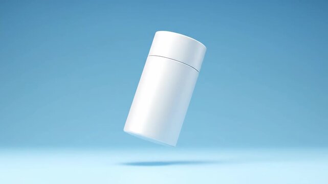 White Cosmetic Cylinder Floating on Blue Surface, Product Display Presentation
