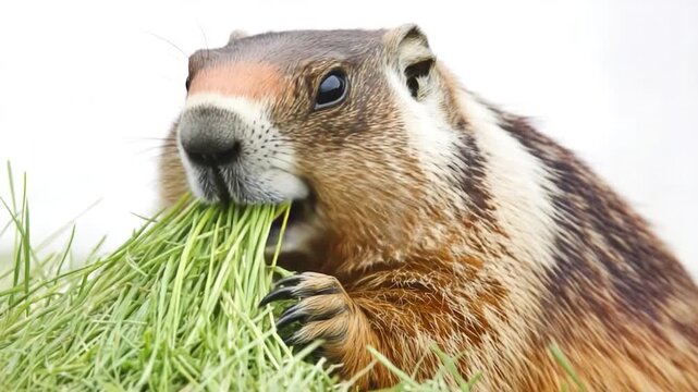 Close-up shot of a groundhog munching on grass, great for nature and wildlife scenes