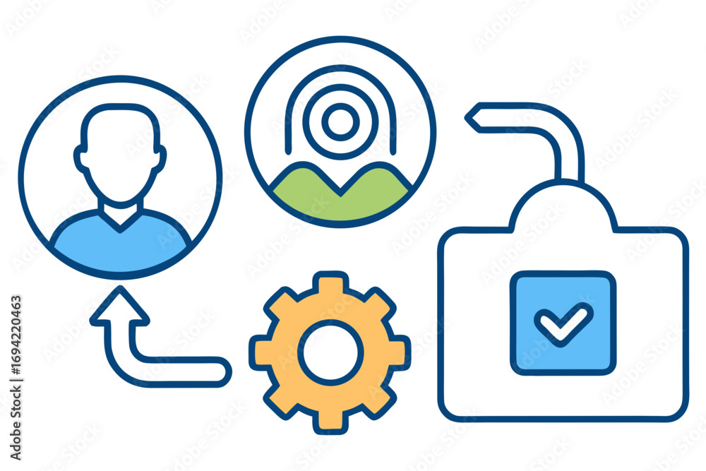 Aufkleber abstract illustration of user profile location data and secure data processing with a gear and check