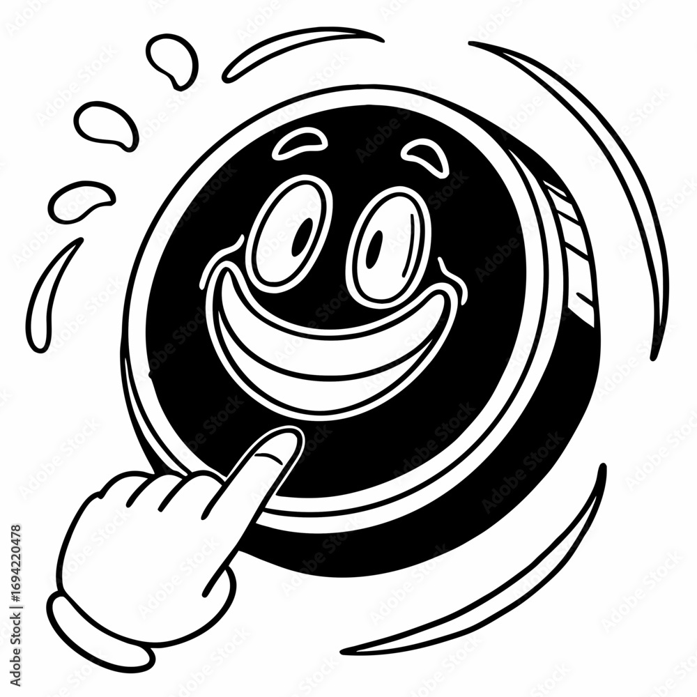 Poster cartoon coin character with a big smile and wide eyes being touched by a finger representing a succe