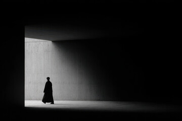 solitary figure walks through underground passage minimal ambient light casting shadows around