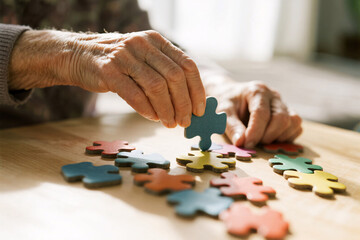 Close-up of wrinkled elderly hands arranging colorful puzzle pieces on table, selective focus on memory training activity for Alzheimer&rsquo;s prevention, warm light