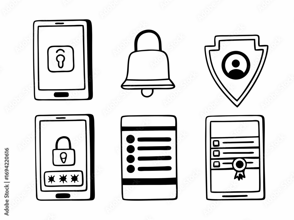 Poster collection of hand drawn black and white icons representing mobile app features including security n
