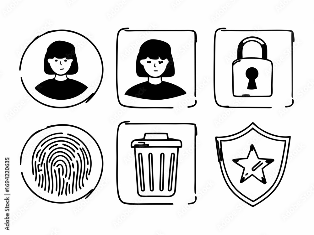 Poster collection of hand drawn black and white icons representing user profile security privacy and data m