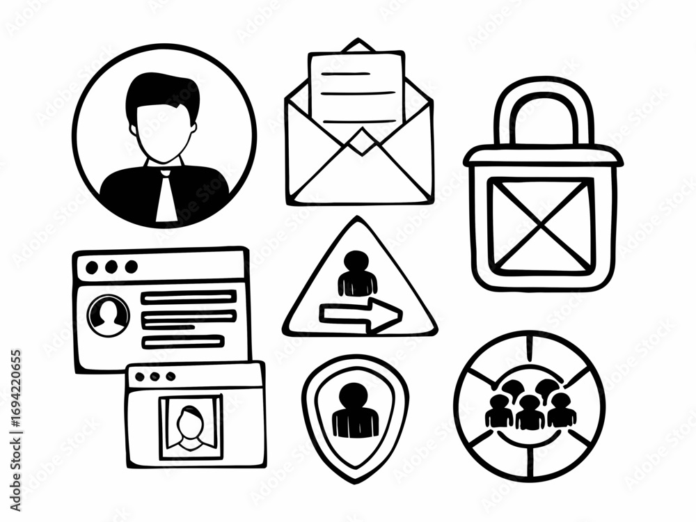 Poster collection of hand drawn black and white icons representing user profiles communication security and