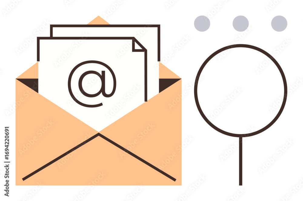 Poster open envelope containing papers with email symbol, magnifying glass, and three dots. ideal for commu