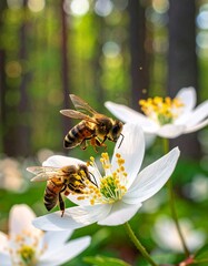 una abeja recolectando néctar de una flor blanca en un bosque iluminado por la luz natural. La escena está capturada en primer plano, con enfoque nítido en la abeja y la flor, mostrando detalles 