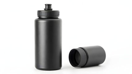 Sleek black sports water bottle mockup with an open accessory container, ideal for fitness and hydration product branding, presented on a clean white background