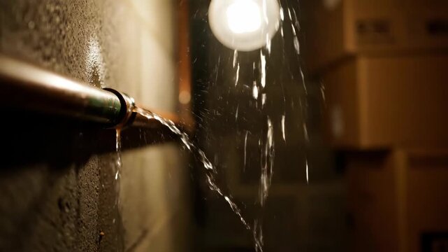 Leaky copper pipe in basement, water damage and plumbing problems, Repairing a burst pipe and basement flood prevention, indoor water leak