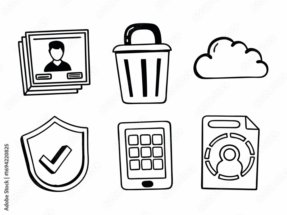 Poster collection of hand drawn doodle icons representing user profiles trash bin cloud storage security sh