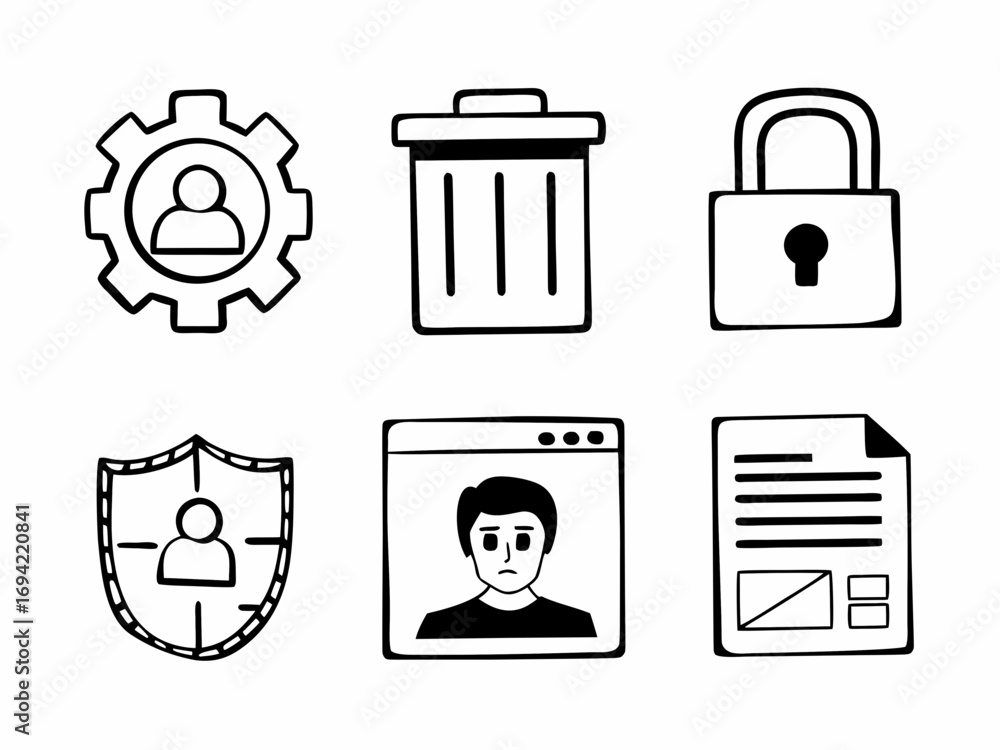 Poster collection of hand drawn doodle icons representing user settings security privacy data management an